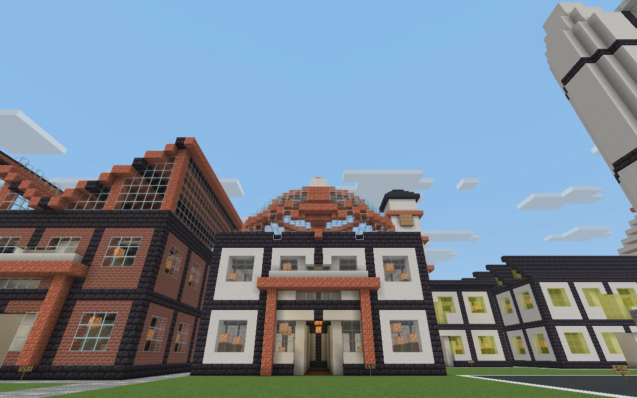 Real Minecraft screenshot by day: the brick and white Arrival House under a copper dome, the Copper Crown, beside other science-city buildings.