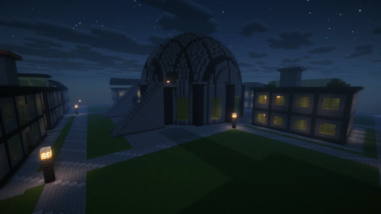 Real in-game screenshot with a shader pack: the Earth observatory dome at night under a starry sky, a few lit windows and lamps.