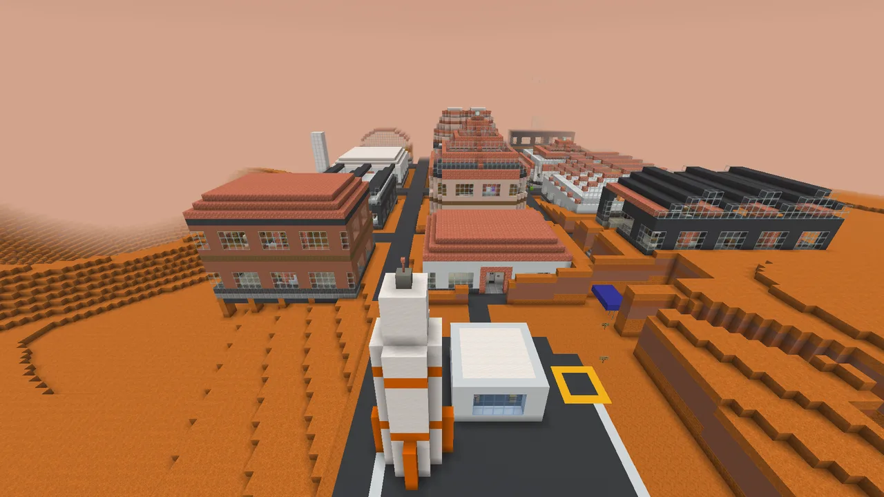 Real in-game screenshot, whole frame: the Mars settlement by day, a rocket on its pad in front.