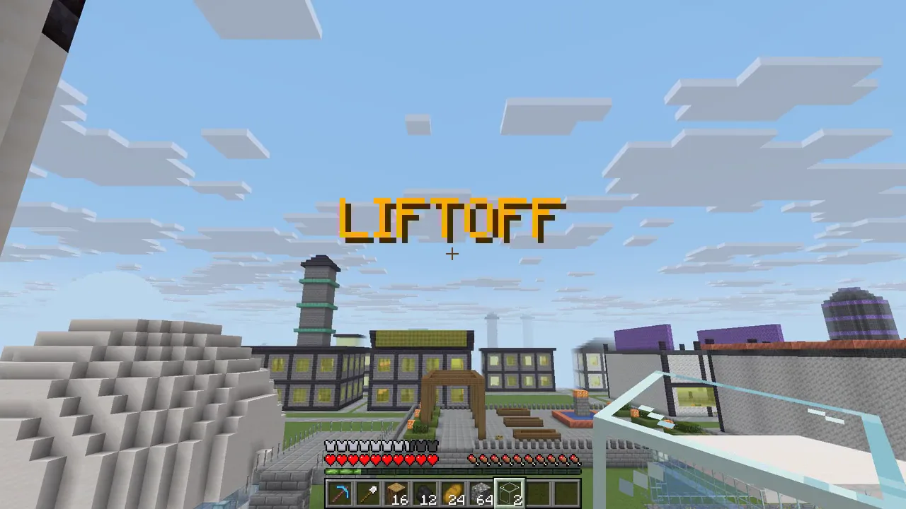 Real in-game screenshot: the game's LIFTOFF title on the COMET DOCK launch pad, the science city below.