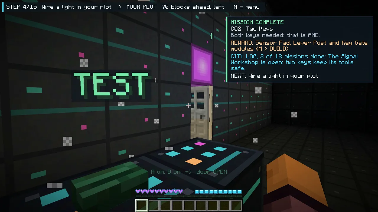 Real in-game capture: mission 2 complete, the two-key door open, with the game's guide bar and hotbar on screen.