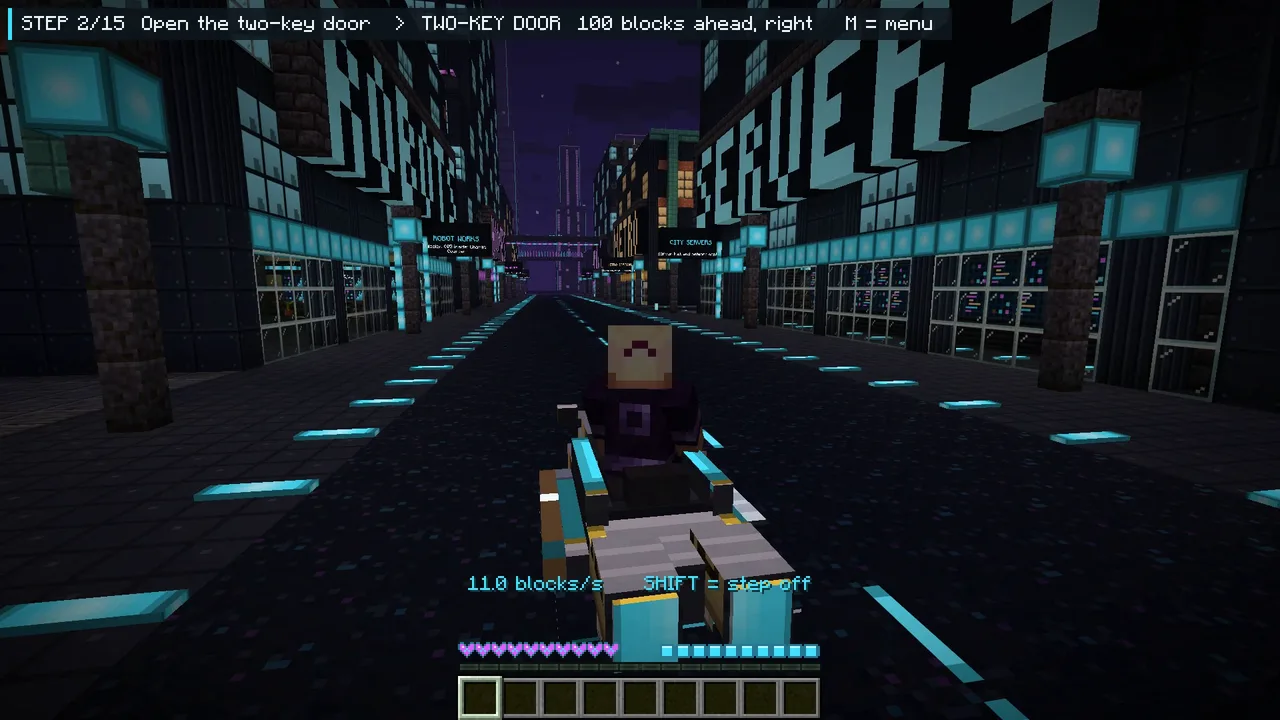 Real in-game screenshot: riding the AMPERE CITY hover bike down a neon avenue at night.