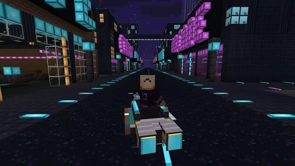 Real in-game still: a rider on a hover bike heads down Circuit Avenue at night between neon blocks, recorded by a test script.