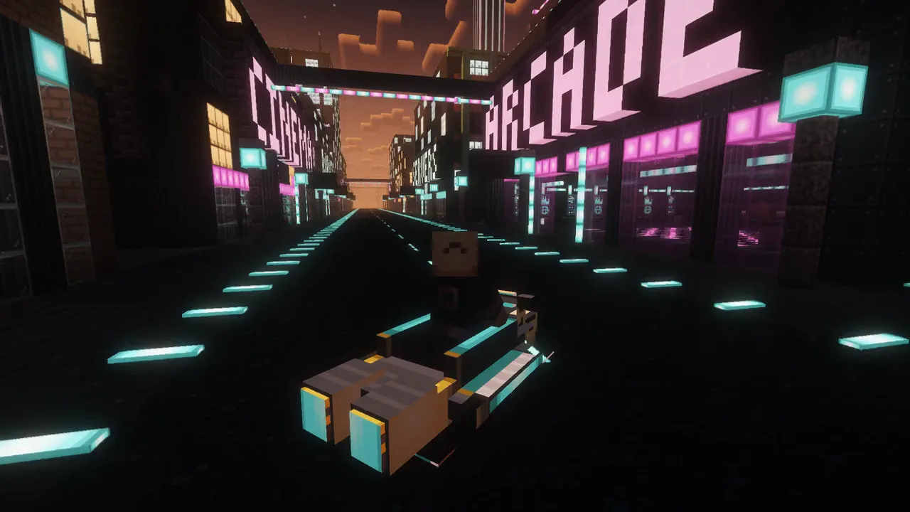 Real in-game capture with a shader pack: riding a hover bike at golden hour down Circuit Avenue, past the giant CINEMA, ROBOTS and SERVERS block letters.