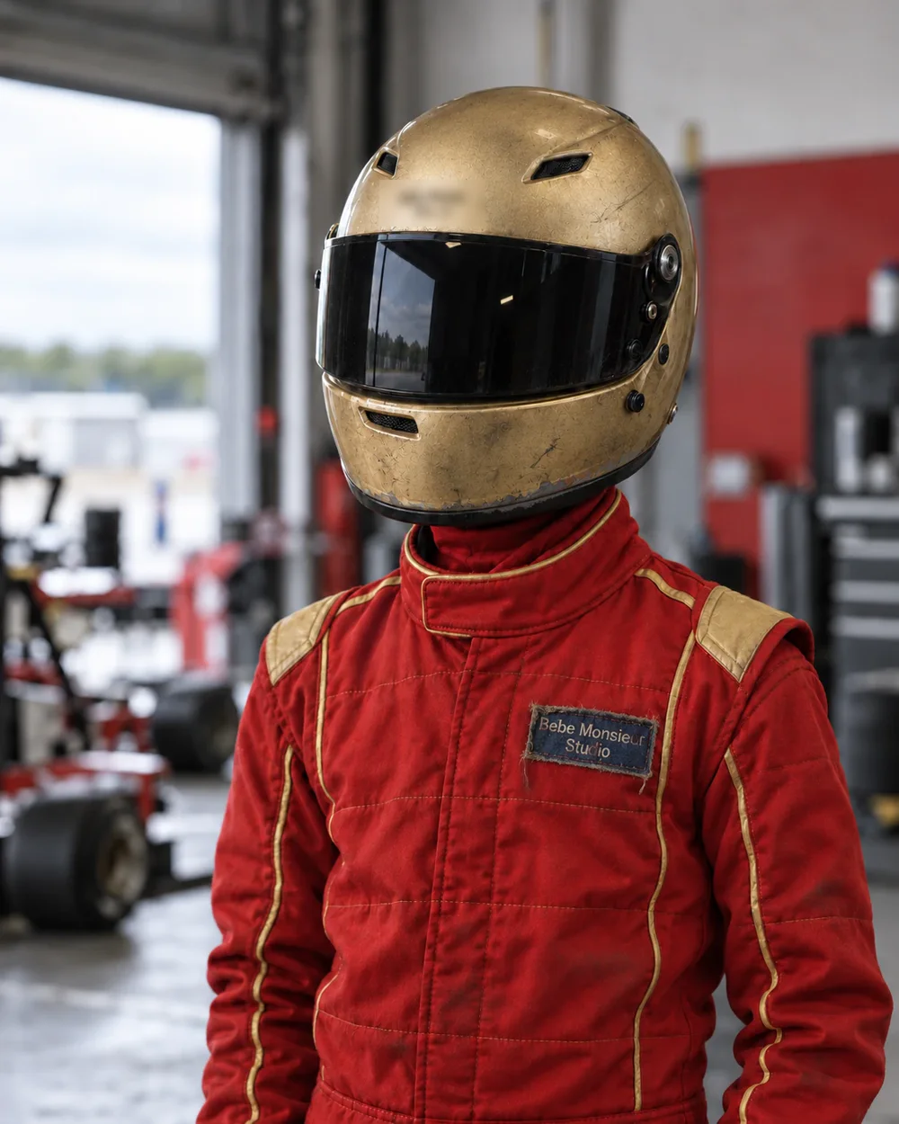 AI character concept: a driver in a red racing suit and gold helmet standing in a garage.