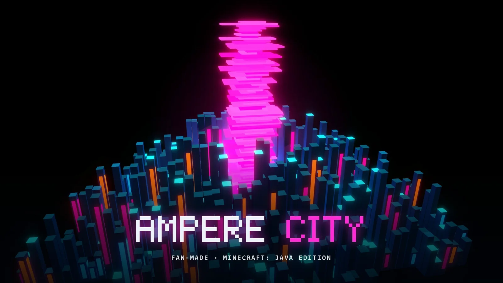 AMPERE CITY key art, a studio 3D render and not gameplay: a glowing pink code tower rising over a neon block city at night.