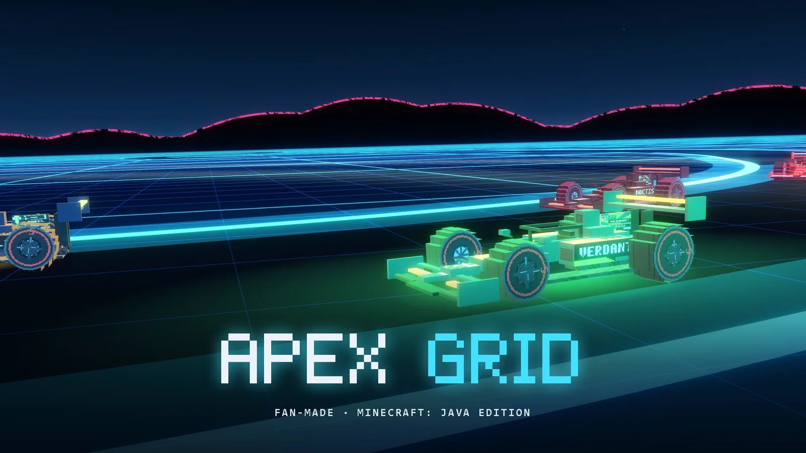 APEX GRID key art, a studio 3D render and not gameplay: the green VERDANT race car close up on a neon circuit at night, rivals behind.