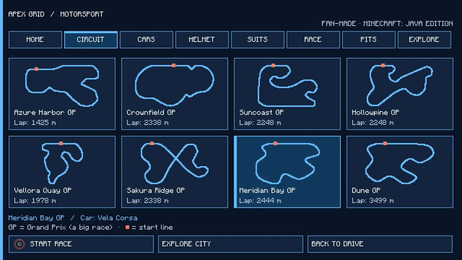 Real in-game screenshot, whole menu: the circuit menu with 8 circuit maps, Azure Harbor GP, Crownfield GP, Suncoast GP and more, each with its lap length.