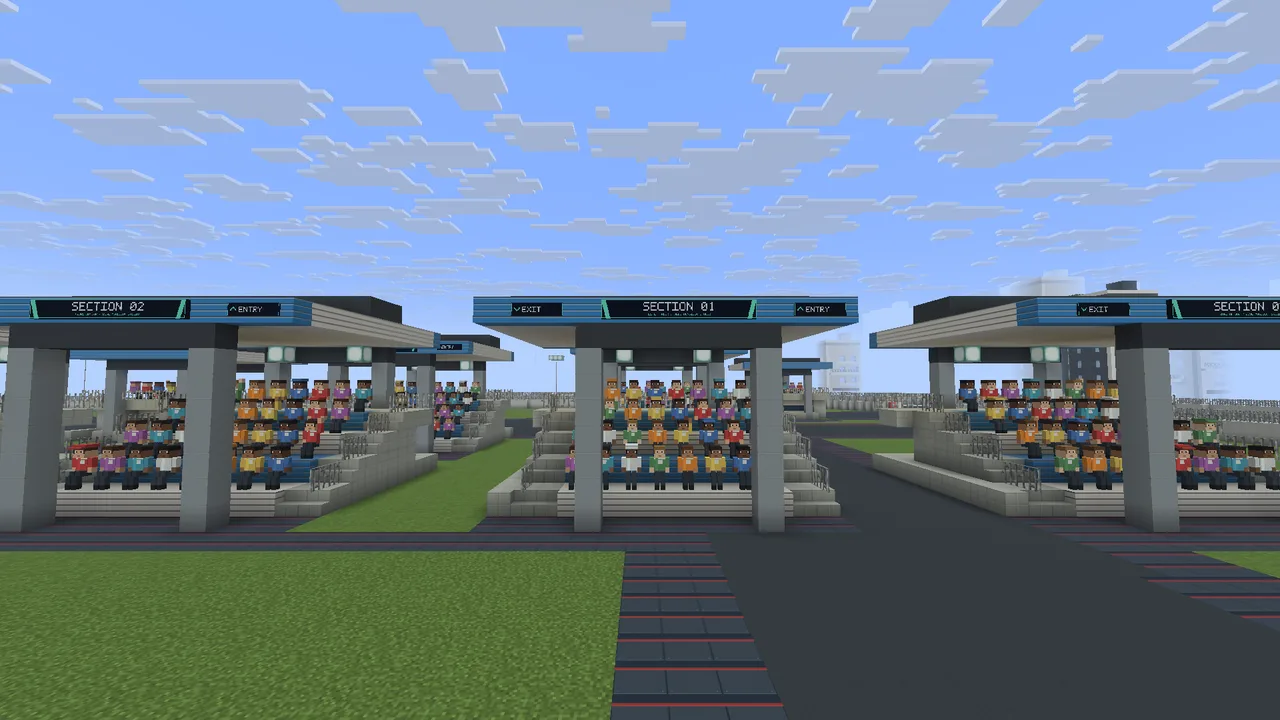 Real in-game screenshot: the grandstands at Azure Harbor GP, full of block spectators.