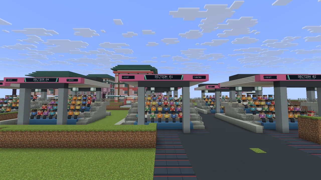 Real playtest screenshot: arriving at Sakura Ridge GP, grandstands along the track.
