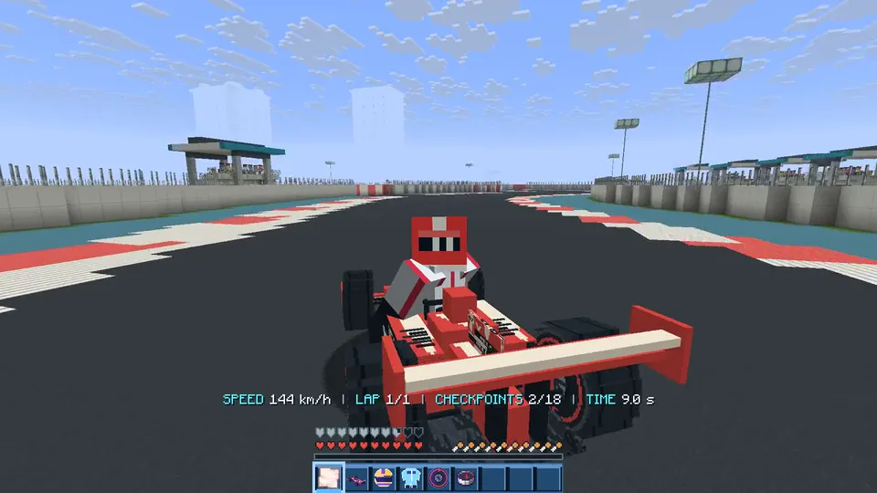 Real playtest screenshot: the red APEX GRID car out in front on an empty track, 144 km/h on the HUD.